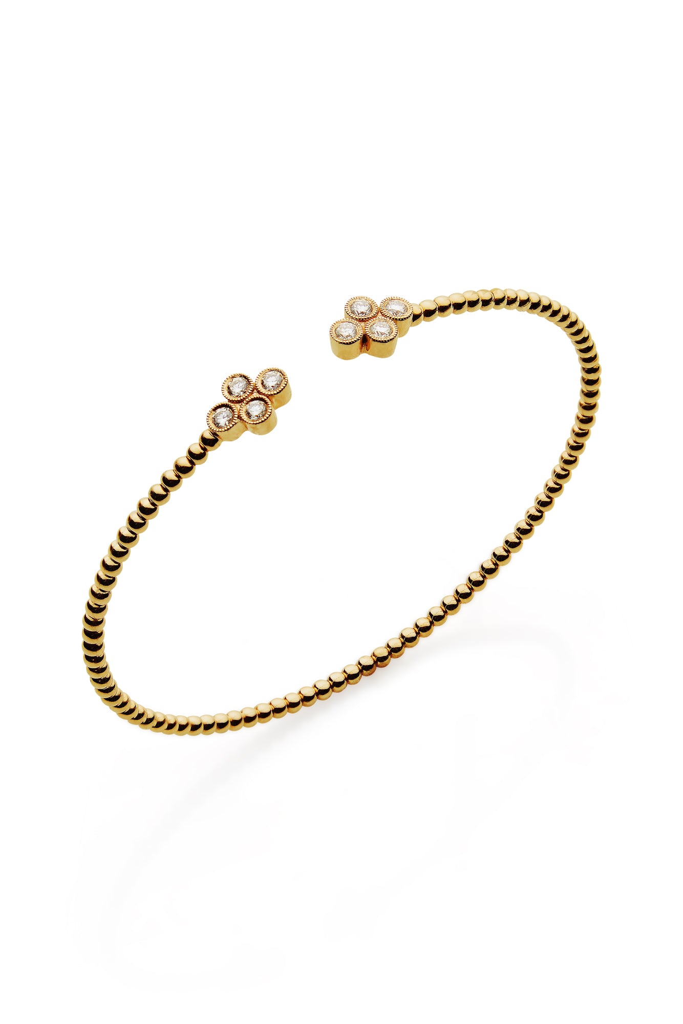14K Yellow Gold Bujukan Bead Split Cuff Bracelet with Quatrefoil Diamond Endcaps