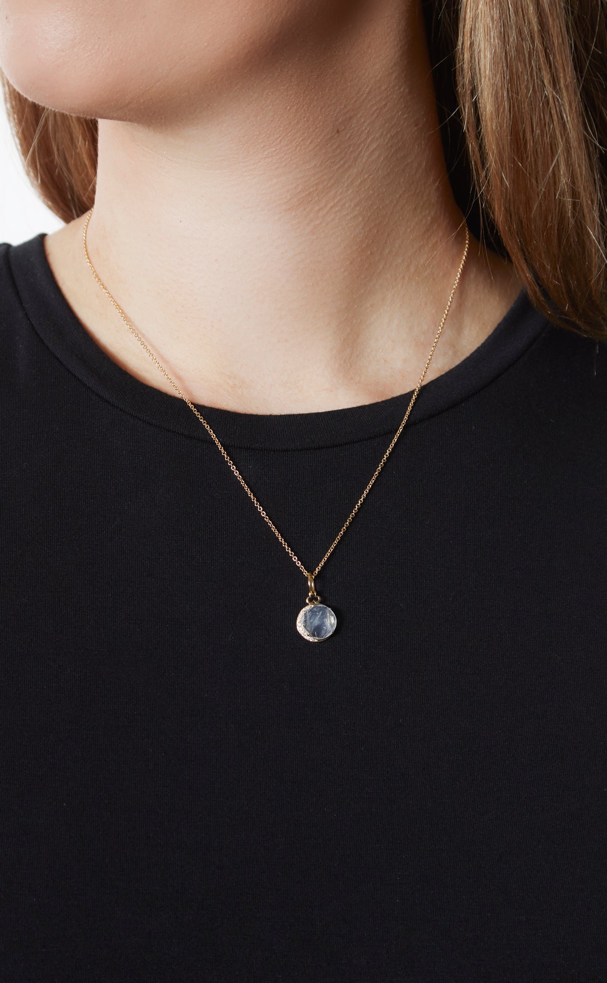 18KY Moonstone and Diamonds Moon Charm