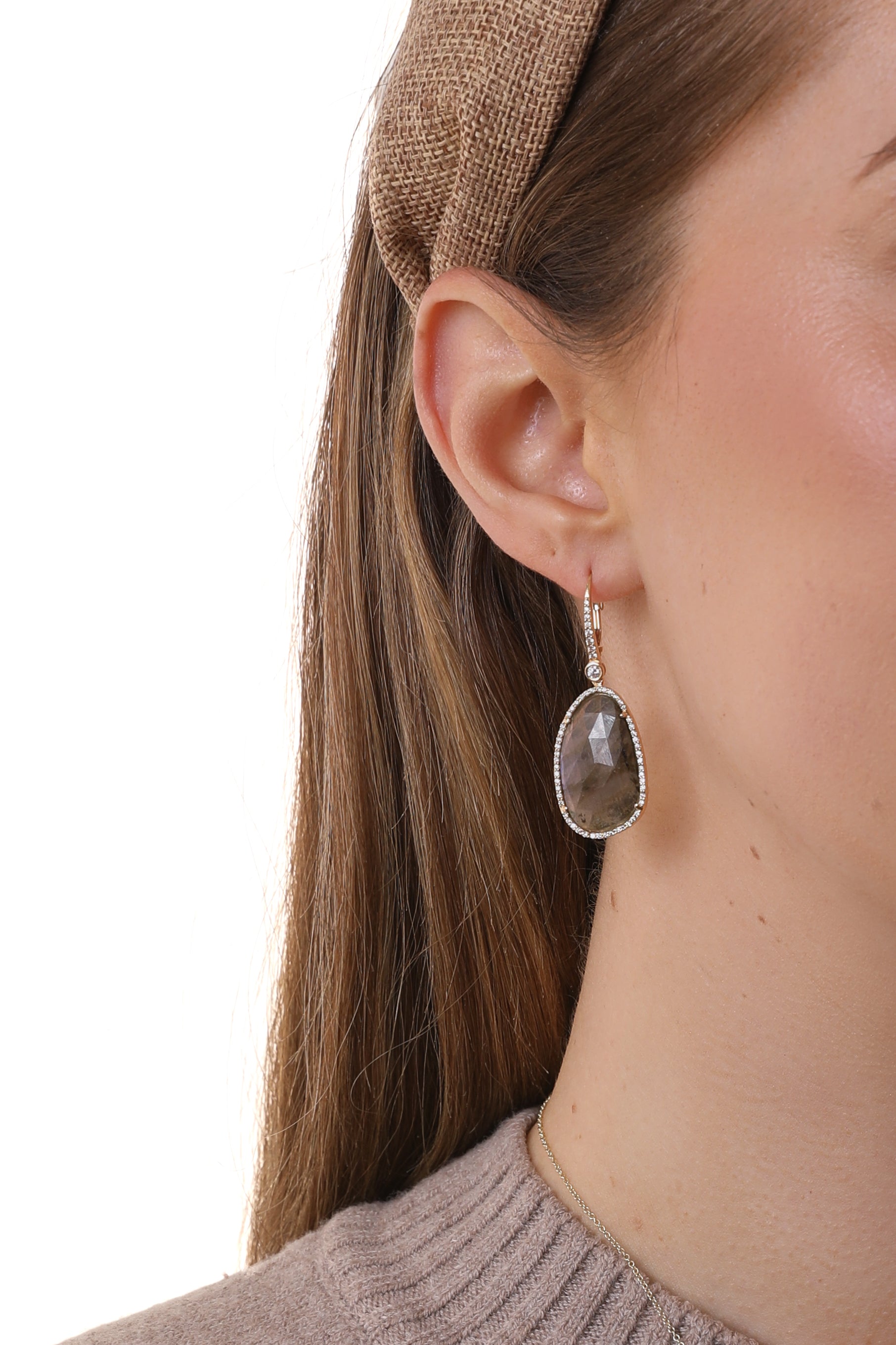 18KY Labradorite and Diamond Lever Back Earrings