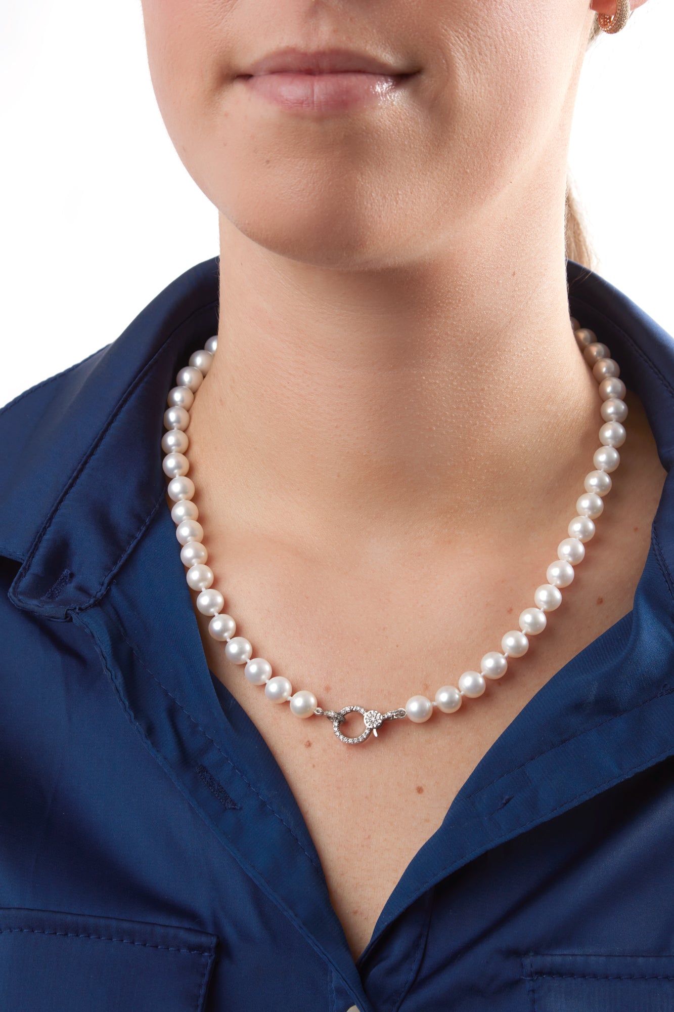 Pearl Strand Necklace with 14K White Gold Pave Clasp