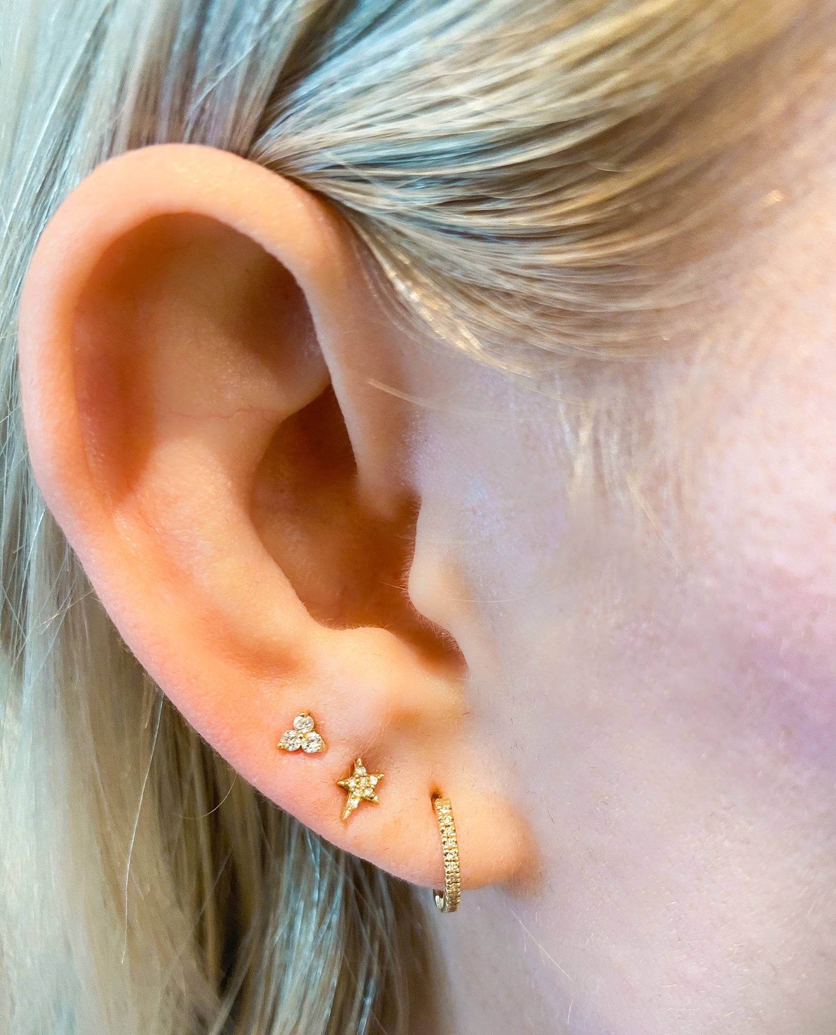 14K Single Medium Diamond Trio Stud