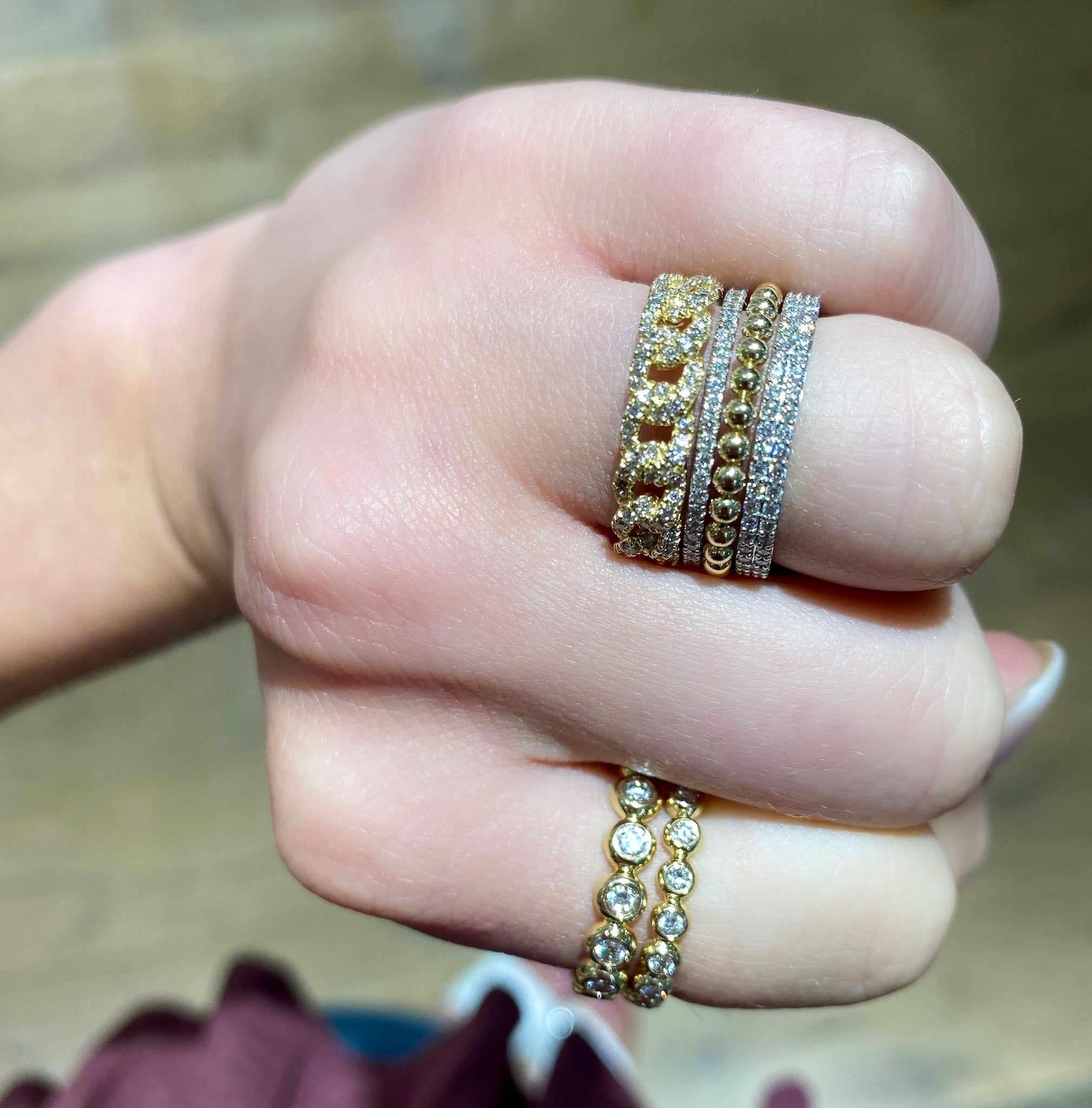 14K White-Yellow Gold Wide Band Layered Diamond Ring