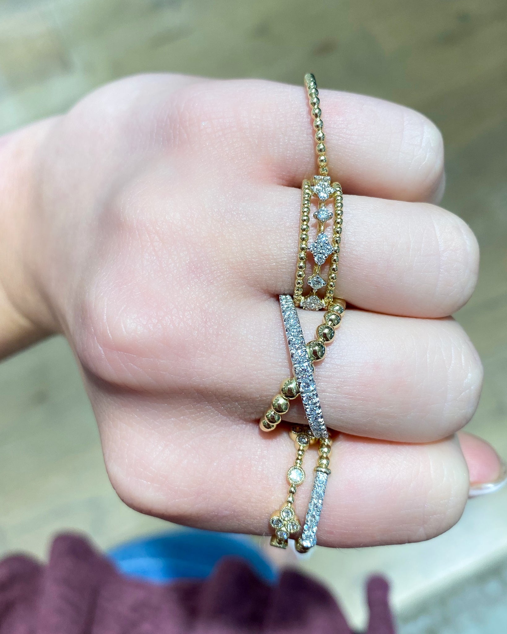 14K White-Yellow Gold Bujukan Diamond and Metal Bead Criss Cross Ring