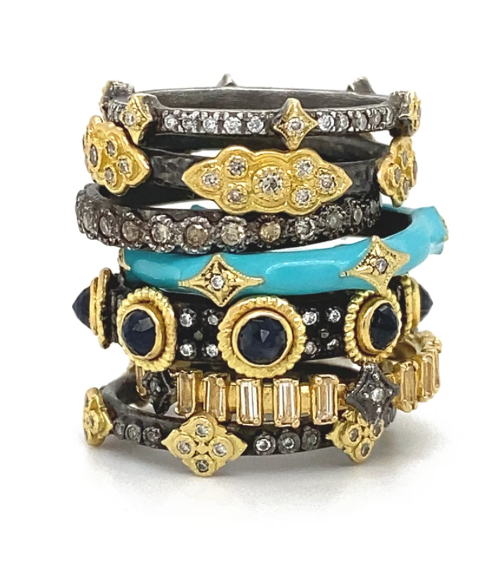 Rose Cut Black Sapphires Stack Band Ring with Diamonds