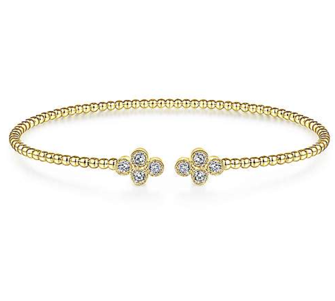 14K Yellow Gold Bujukan Bead Split Cuff Bracelet with Quatrefoil Diamond Endcaps