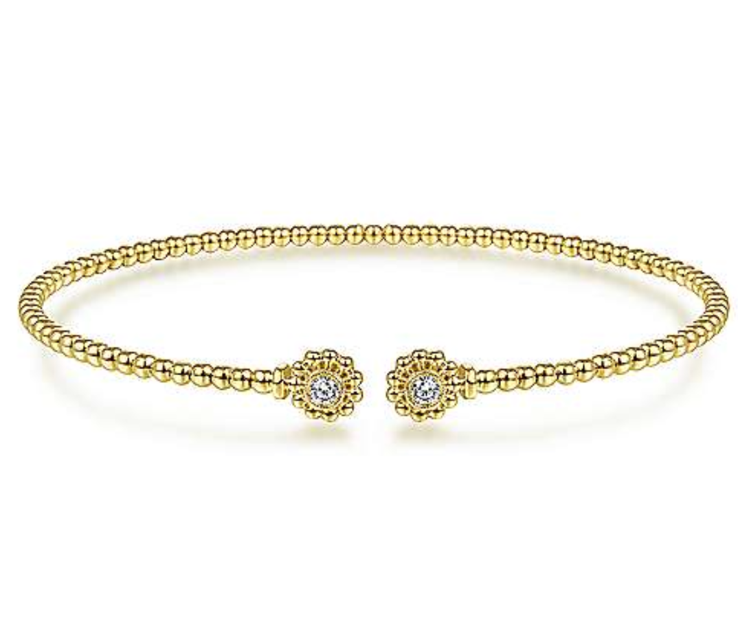 14KY Bujukan Split Cuff Bracelet with Diamond Flower Caps