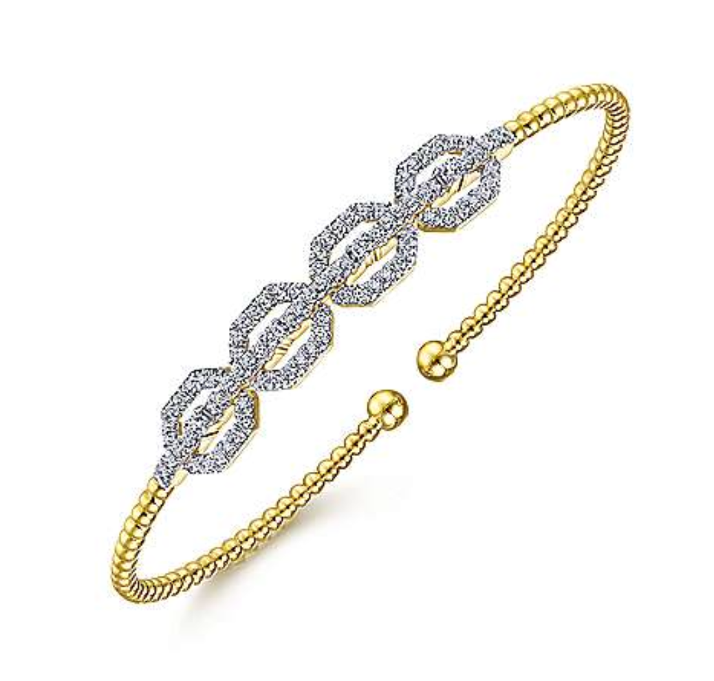 14K Yellow Gold Bujukan Bead Cuff Bracelet with Diamond Pave Links