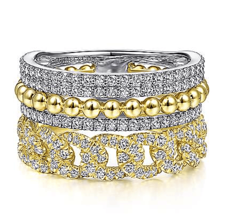 14K White-Yellow Gold Wide Band Layered Diamond Ring