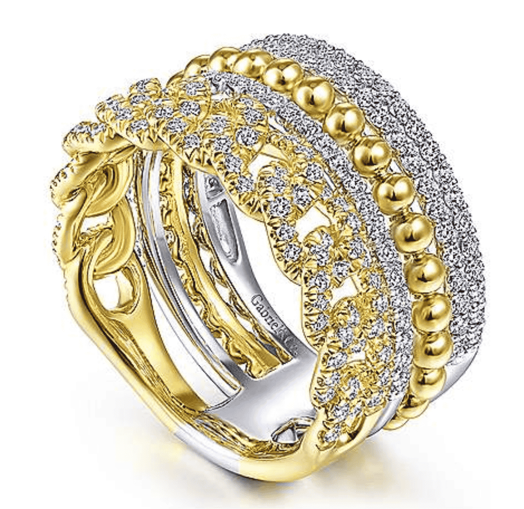 14K White-Yellow Gold Wide Band Layered Diamond Ring