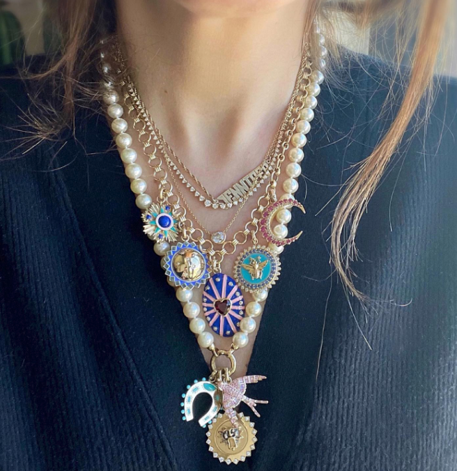 14K Gold and Peri Enamel Celestial Orb Mildred Medallion
