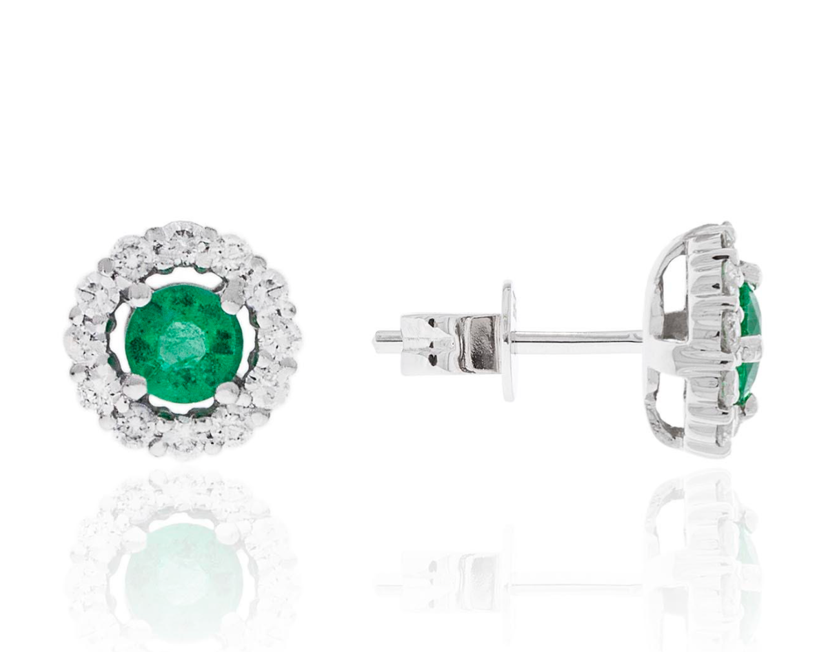 14K White Gold Emerald Diamond Halo Earring