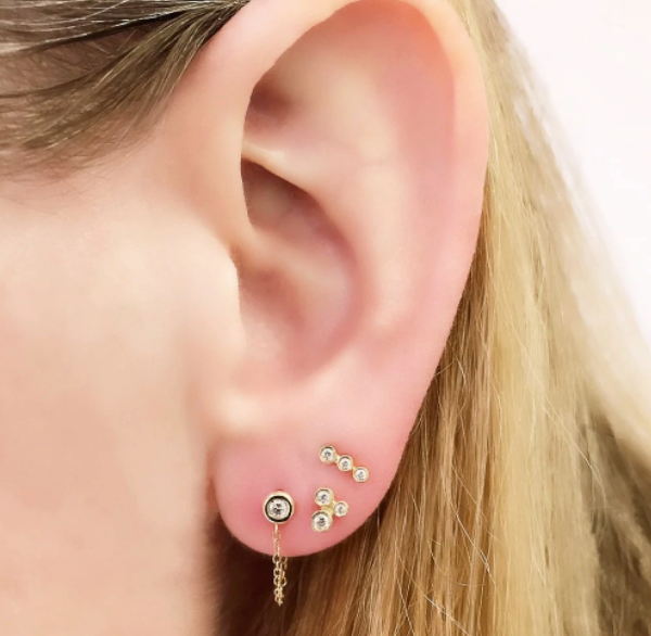 Diamond Bezel Post Earrings With Chains
