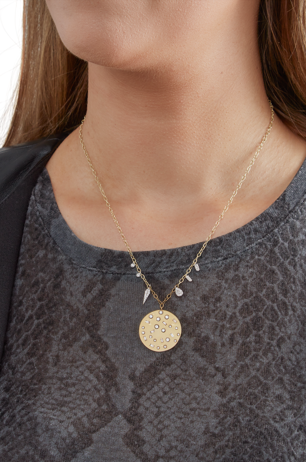 Scattered Round and Baguette Diamond Disc Necklace