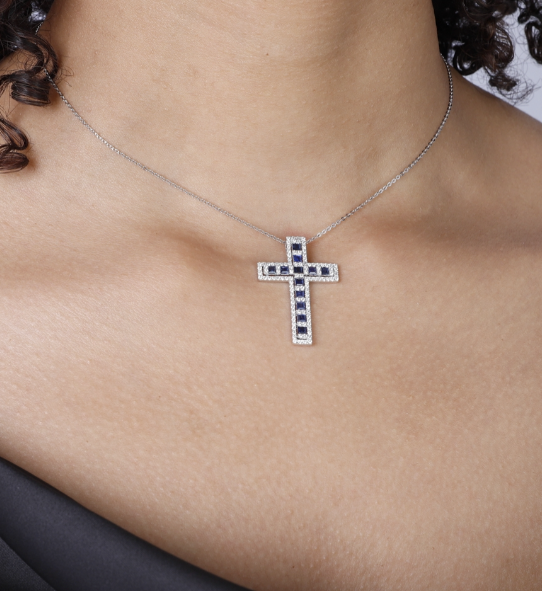14KW Diamond & Sapphire Large Cross Necklace