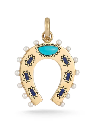 14K Gold Turquoise Lapis and Pearl Holly Horseshoe Charm