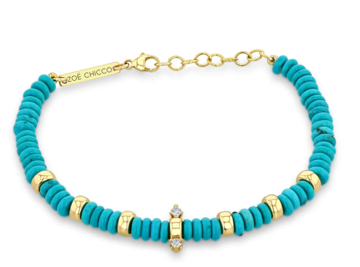 14KY Gold & Turquoise Rondelle Bead Bracelet with 2 Prong Diamonds