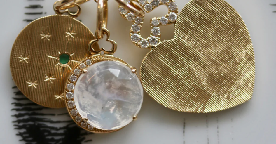 18KY Moonstone and Diamonds Moon Charm
