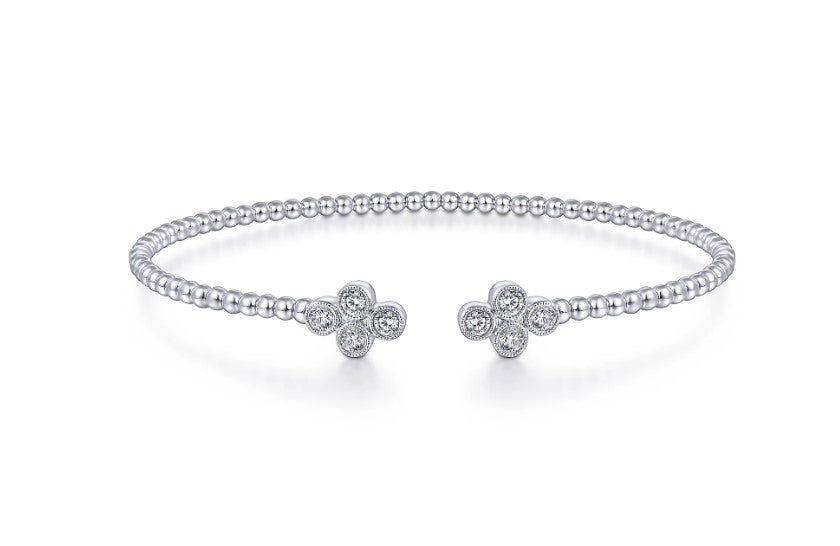 14K White Gold Bujukan Bead Split Cuff Bracelet with Quatrefoil Diamond Endcaps