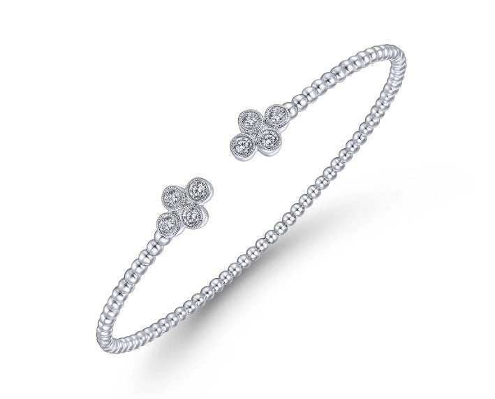 14K White Gold Bujukan Bead Split Cuff Bracelet with Quatrefoil Diamond Endcaps