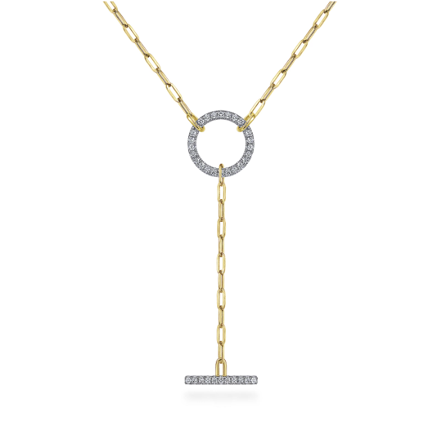 14KY Gold Diamond Circle and Bar Y-Knot Necklace with Hollow Paperclip Chain