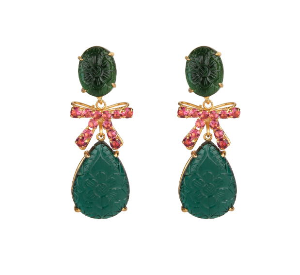 Carved Green Quartz and Fuchsia Earrings