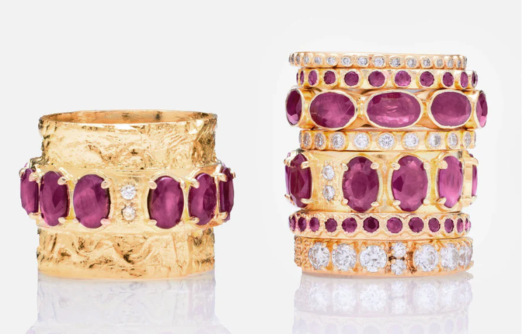 18KY Stack Band Ring with Rubies