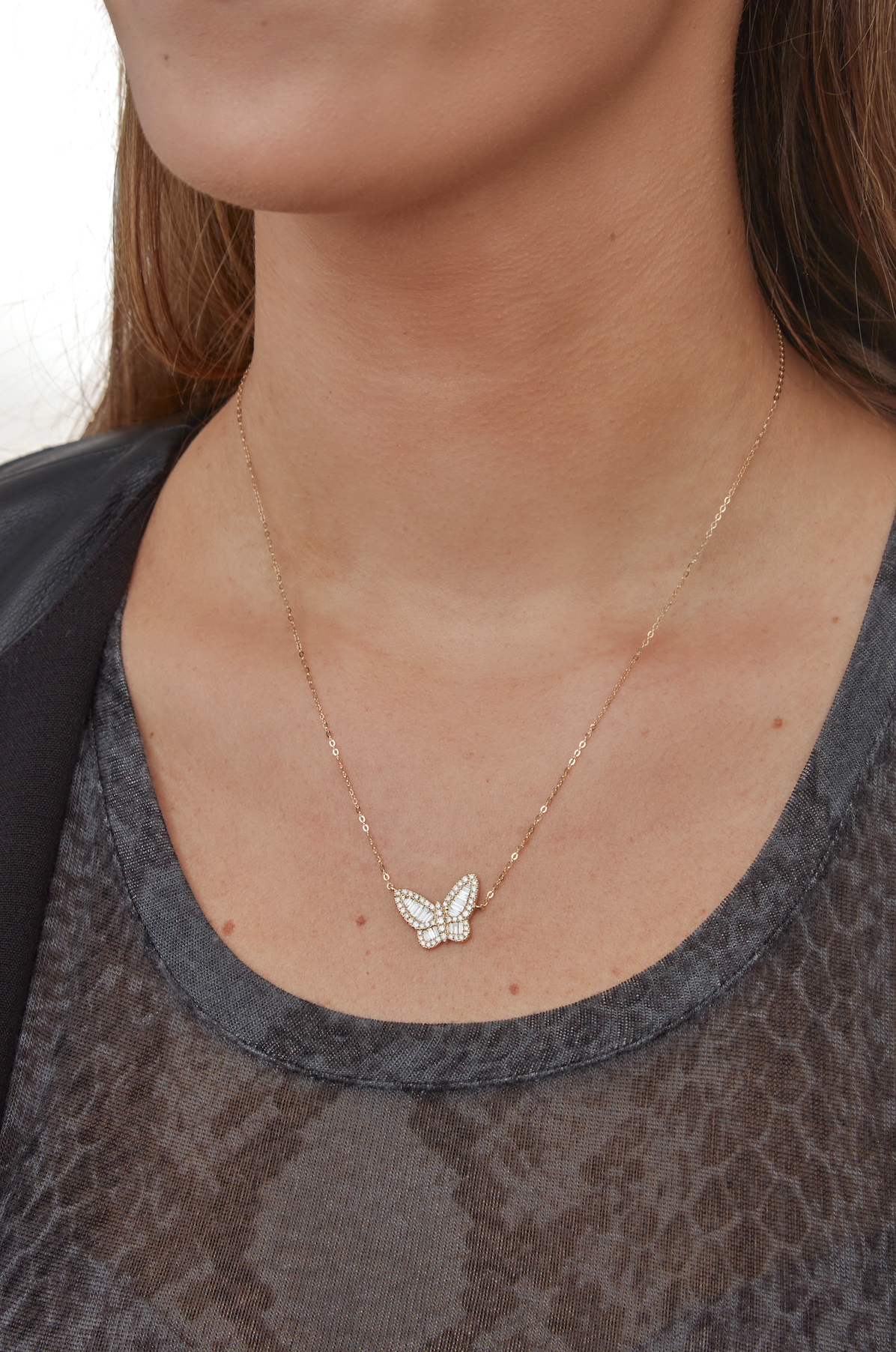 14KY Diamond Baguette Butterfly Necklace