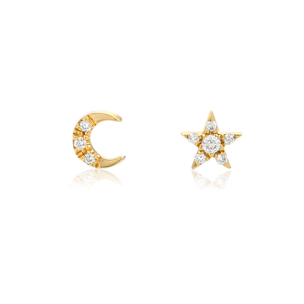 14K Yellow Gold Petite Crescent Moon and Star Post Earrings