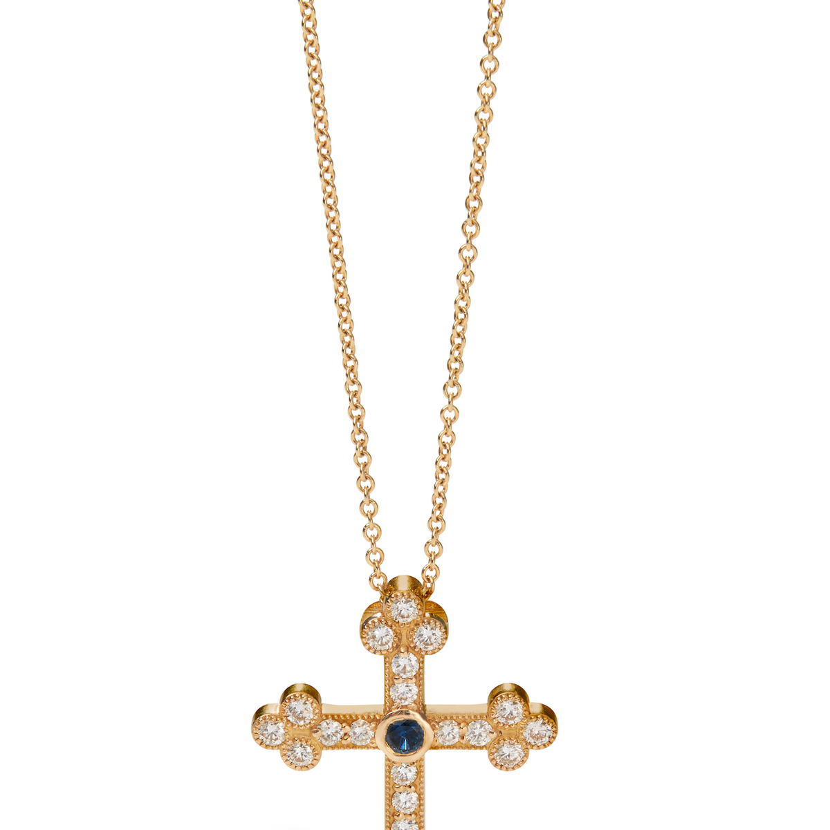 18KY Miriam Cross Necklace with Blue Sapphire Center - Trilogy