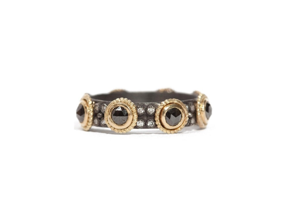 Rose Cut Black Sapphires Stack Band Ring with Diamonds